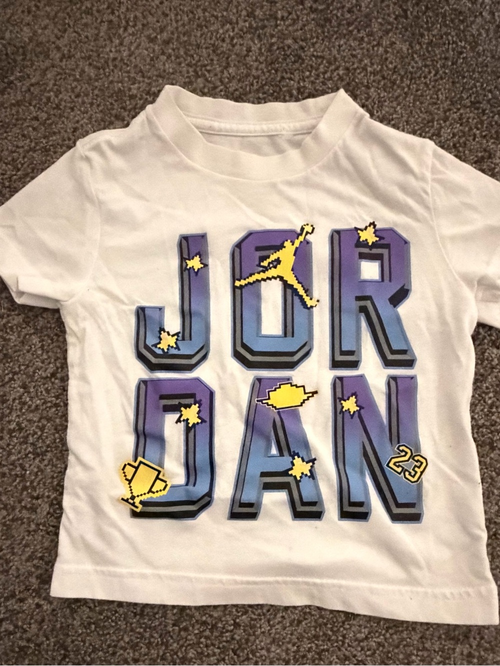 Jordan White Tee with Blue-to-Purple 3D Logo and Yellow Accents